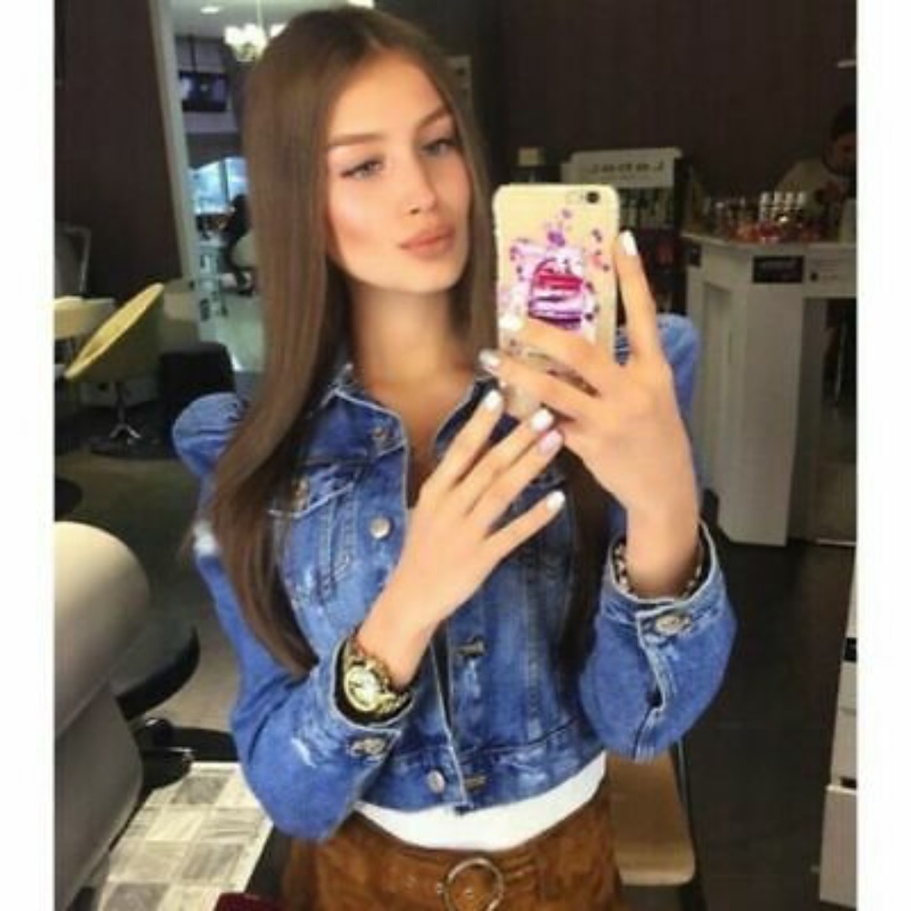 ZARA Blue Denim Jean Jacket Puff Shoulders Cropped